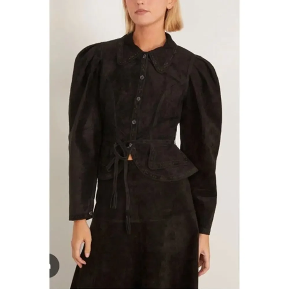 HUNTER BELL Sz 6 Murphey Suede Jacket Puff Sleeve Noir NWT